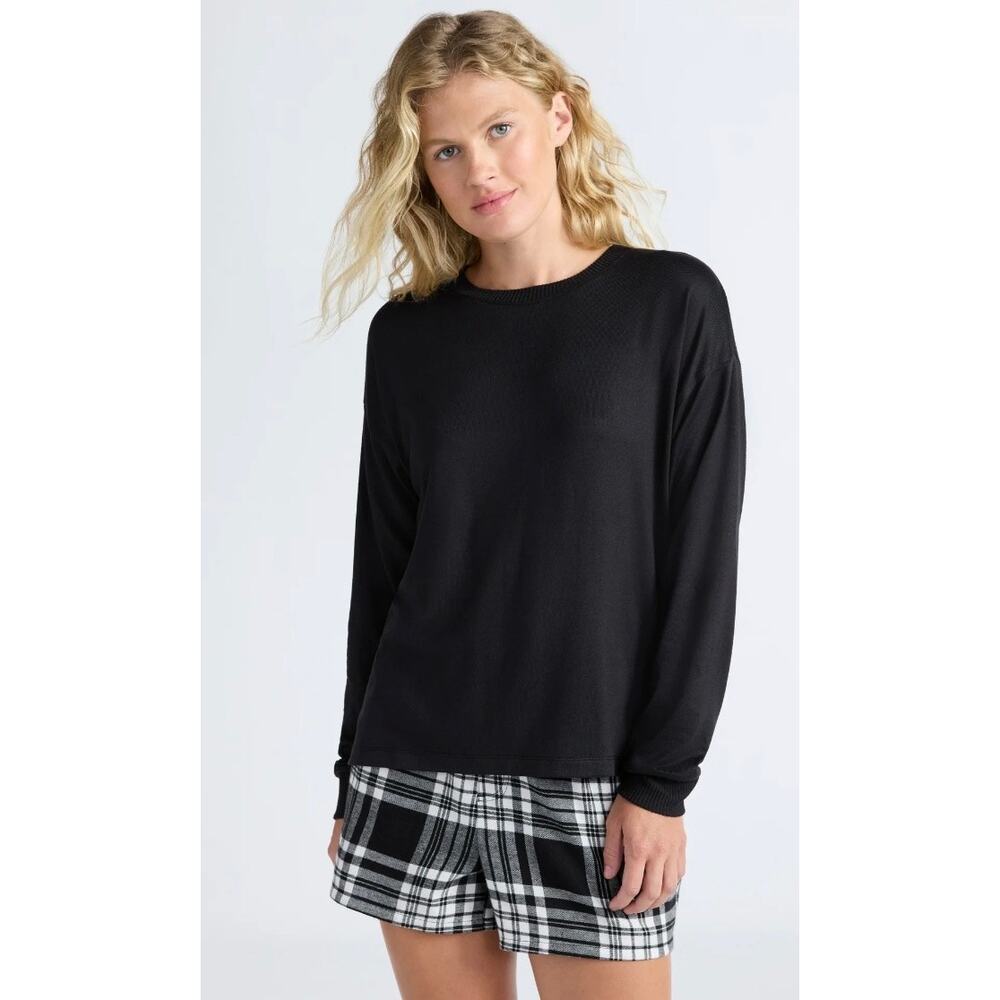 Joyspun M Women's Cozy Lounge Hacci Knit Sleep Top Collection Long Sleeves Black